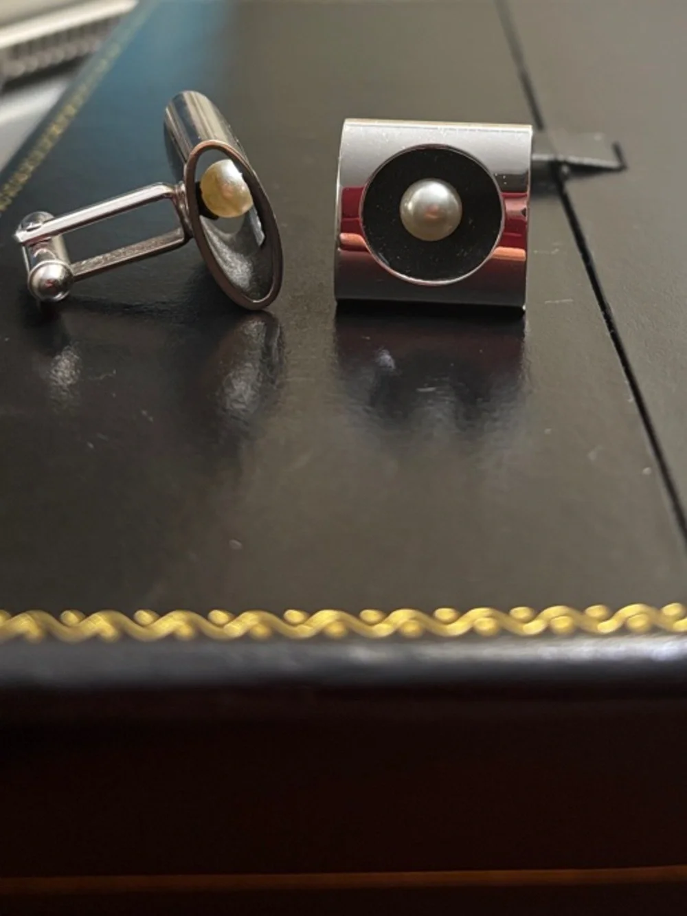 Silver Tone Square Cufflinks with Pearl Accent